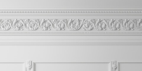 Interior decor inspiration from detailed gypsum cornices and moldings on a smooth white background © AkuAku