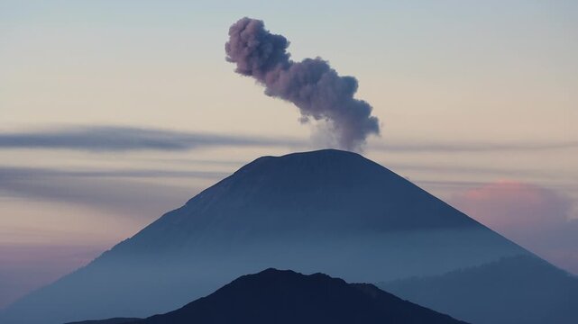 Wide Cinematic Time-Lapse of Mount Semeru Erupting at Sunrise in Bromo Tengger Semeru National Park, Indonesia