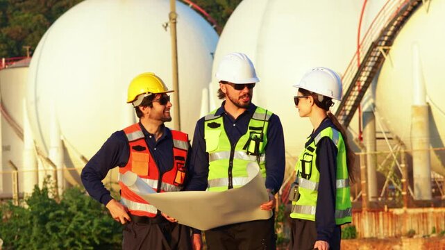 Team male and female engineers from the petrochemical gas separation plant stands near the Horton spherical high pressure gas storage tank holding engineering blueprints amidst strict safety standard.