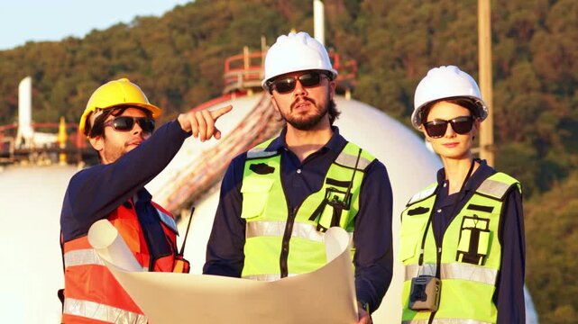 Team male and female engineers from the petrochemical gas separation plant stands near the Horton spherical high pressure gas storage tank holding engineering blueprints amidst strict safety standard.