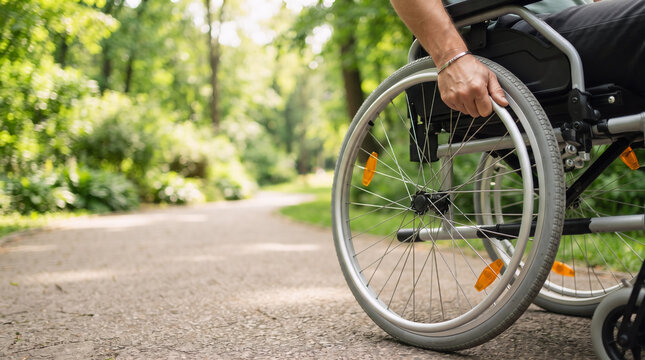 a person in a wheelchair moving along a paved path in a green park. shows the hand on the wheel rim, symbolizing independence, mobility. Concept for International Day of Persons with Disabilities.