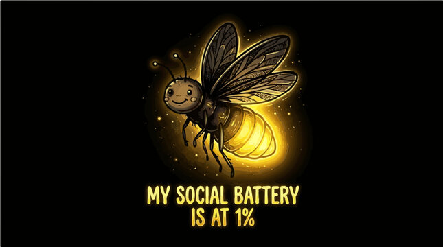 Funny introvert vector illustration of a cute glowing firefly with the quote My Social Battery Is At 1 Percent, humorous print on demand graphic design for antisocial people.
