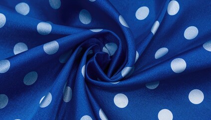 Blue Fabric with White Polka Dots in a Twisted Texture © AkuAku