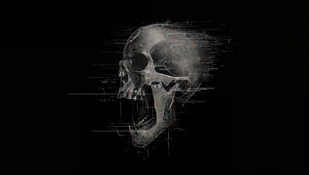 Digital Skull Illustration with Glitch Effects on Black Background