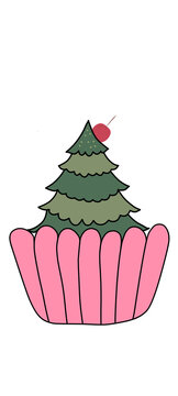 Christmas tree cupcake illustration with pink liner and cherry. Holiday dessert design element isolated on transparent or white background, png