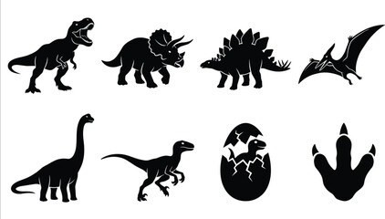 Set of black and white dinosaur icons featuring various prehistoric species and footprint vector illustration © Md
