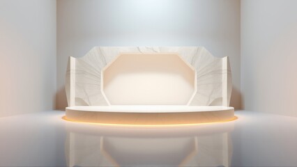 Fototapeta premium Minimalist stage design. White marble, soft lighting, geometric shapes create elegant presentation space. Reflective floor enhances visual depth.