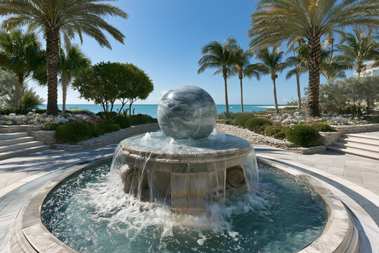 An elegant marble fountain. Crystal-clear water gently flows over an exquisite stone pedestal.