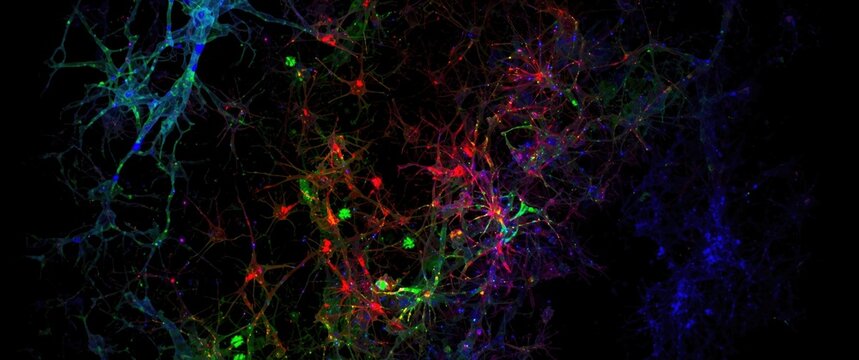 Colorful Neuronal Network with Glowing Synapses on Dark Background