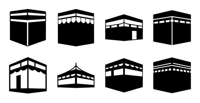 Islamic kaaba building illustrations in different views - Minimalist vector icons showing the Kaaba from various angles and styles for religious and cultural stock use.