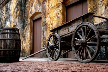 Obraz premium Rustic wooden cart and barrel against stone walls. Old farm decor.