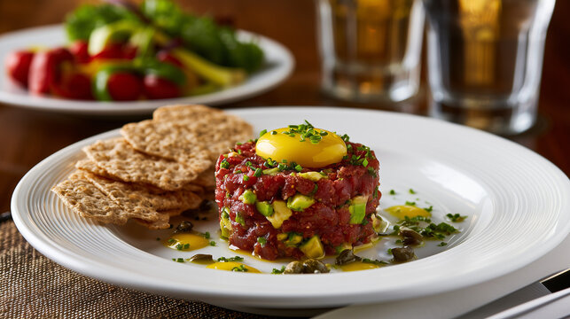Fresh Tuna Tartare Tower with Avocado Egg Yolk and Crispbread