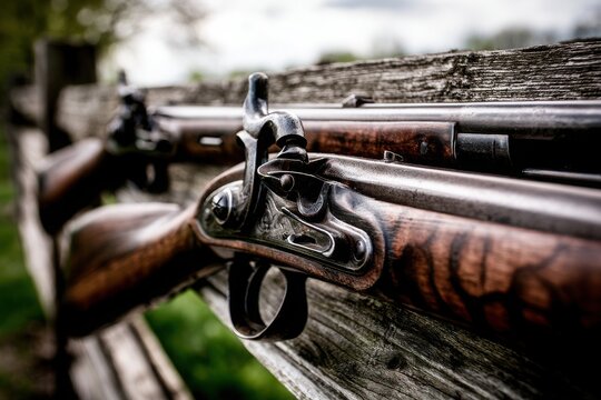 Antique muskets resting on a wooden fence. Historical arms theme.