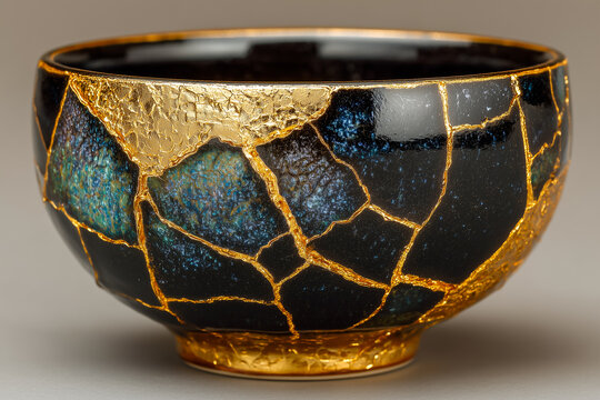 Elegant Black And Gold Ceramic Bowl With Intricate Cracked Pattern Isolated On Neutral Background