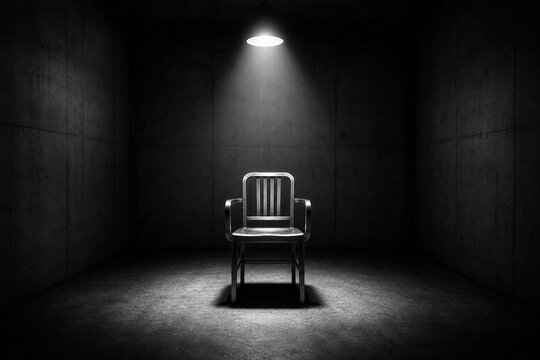 Empty interrogation room with a harsh spotlight on a metallic chair, stark shadows.