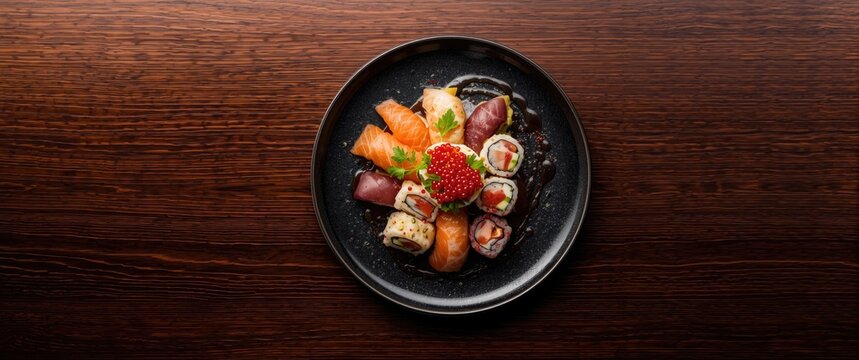Assorted Sushi Platter with Salmon and Caviar on Dark Wooden Table