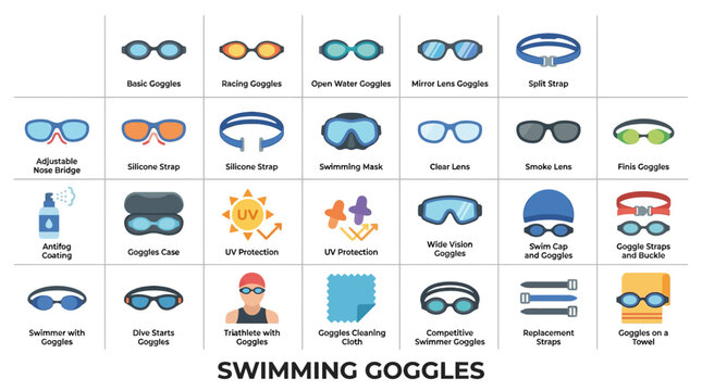 Colorful swimming goggles and pool equipment icon set.