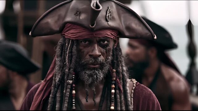 Europe medieval lifestyle. A closeup portrait of a man, likely from a historical or fantasy setting. He wears a tricorn hat, a red bandana, and a long, braided beard. His face is painted with dark.