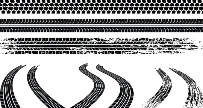Black Tire Track Vector Set with Detailed Protector Patterns Curved Skid Marks and Grunge Textured Automotive Wheel Prints