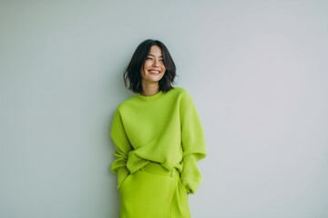 Fototapeta premium A smiling woman in a vibrant green outfit poses against a minimalist background showcasing modern fashion trends and personal style through playful color choices. Generative AI