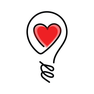 Single continuous line illustration of a light bulb shaped like a red heart with minimalist, creative