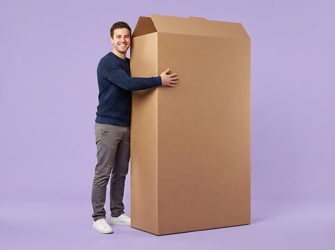 Happy Man Hugging Large Cardboard Box for Shipping and Moving