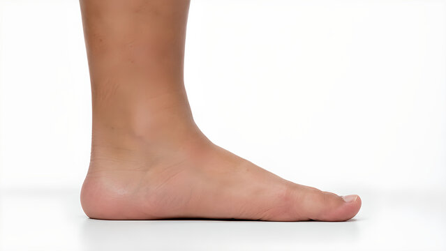 Flat feet with collapsed medial arch in adult foot, photorealistic medical 3D render on white background for podiatry, orthopedic healthcare, medical education, and patient information design