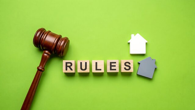 Rules concept with judge gavel and house icons representing law and property regulations