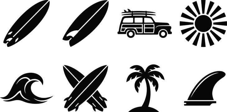 Surfing themed Silhouettes On White Background Including Surfboards And Palm Tree