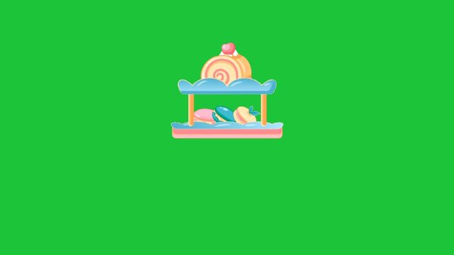 Cute dessert shelf display with cake and macarons on a green background loop animation cafe sweet concept