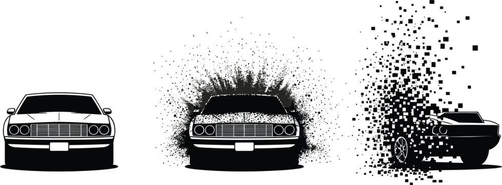 Muscle car silhouette explosion disintegration set, isolated classic vehicle graphic vector design element pack