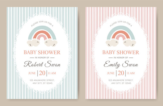 Baby shower invitation card template with cute rainbow and cloud illustration. Nursery theme stationery for boy and girl birth celebration. Pastel striped design for party announcement.
