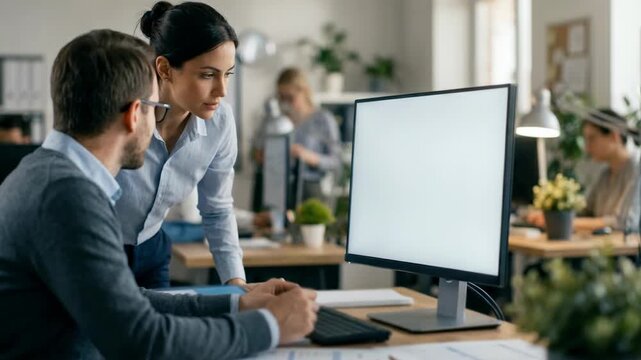 Medium frame showing staff crosschecking digital pay stubs for a salaried client screen sharply in focus while surrounding workspace softly blurred.