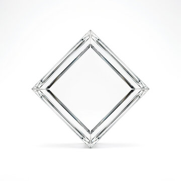 Diamond shaped clear glass frame with transparent abstract geometric reflective template backdrop isolated material refraction minimalist decoration visualization composition aesthetic