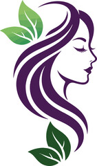Woman Face Profile with Flowing Purple Hair and Green Botanical Leaves in Elegant Beauty Logo Design © MAHFUZ
