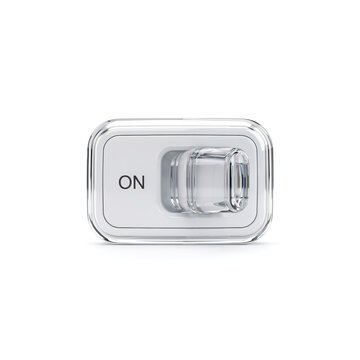 Transparent plastic electrical light switch with on text label electrical transparent electronic technology background isolated activation function interior close-up minimalist equipment