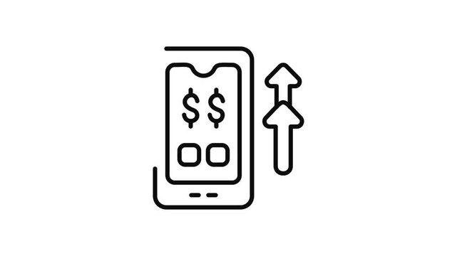 Minimalist outline animation of investment app on smartphone with rising arrow drawing on and fading out. Features a clean pop up style in 3 color setups.