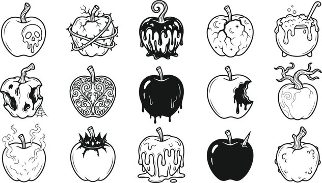 A detailed halloween vector bundle featuring a collection of hand drawn spooky poisoned apples and decorative candy fruit for seasonal designs