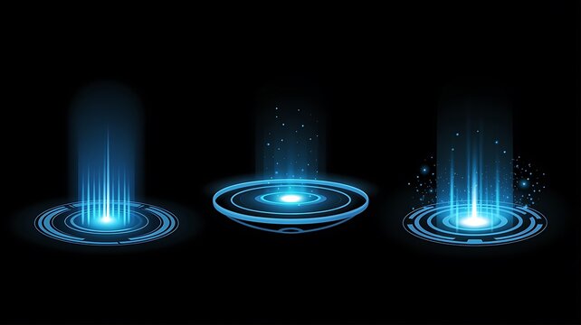 Blue glowing magic teleport circles with light beams