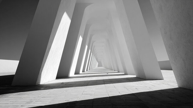 minimal futuristic white architectural corridor with deep black shadows, monochrome cinematic atmosphere