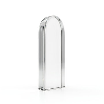 Minimalist clear glass arch shape isolated on white background with transparent minimalist abstract geometric structure architecture reflection decorative luxurious interior contemporary