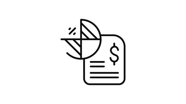 Minimalist outline animation of financial management report with pie chart drawing on and fading out. Features a clean pop up style in 3 color setups.