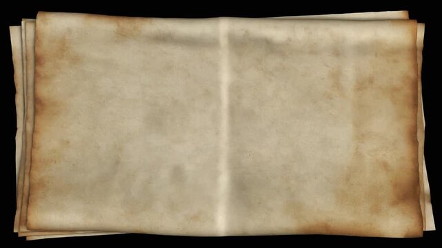 Antique parchment paper unfolding animation. Old weathered paper sheet reveals on black background for cinematic titles and vintage history projects. Textured scroll video template.