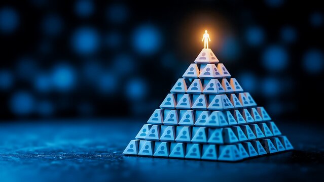 Business success pyramid made of alphabet blocks with glowing top achievement