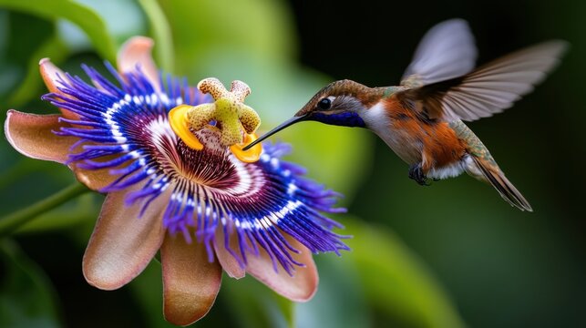 Hummingbird sipping nectar from a vibrant passion flower. The intricate details of the flower and the hummingbird's delicate wings are captured in stunning clarity.