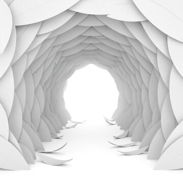 Abstract white paper tunnel with curved overlapping layers abstract art modern design geometric shape 3D rendering abstract geometric architecture structure perspective minimalist interior