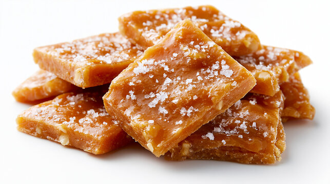 Salted caramel candy squares isolated on white background. Great for culinary or dessert advertising.