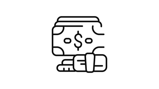Minimalist outline animation of money banknote with dollar and coins drawing on and fading out. Features a clean pop up style in 3 color setups.