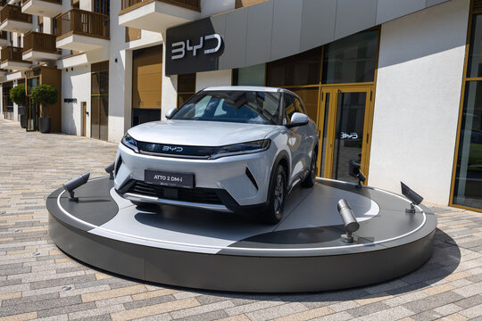 BYD ATTO 2 DM-i vehicle displayed outside a showroom at Belgrade Waterfront
