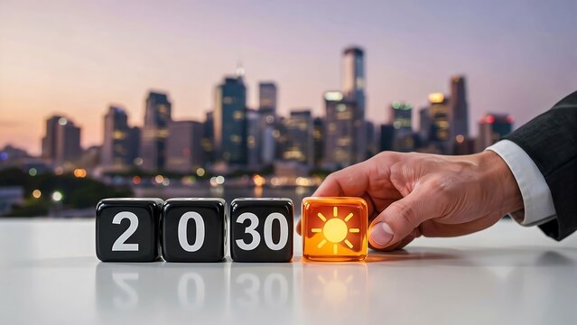 Happy new year 2030 concept with glowing cube and modern city skyline
